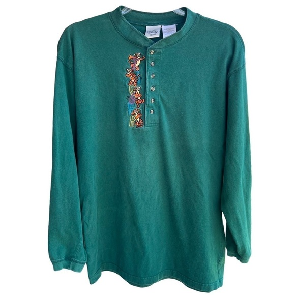 VTG Y2K Disney Store Tigger Embroidered Long Sleeve Henley T-Shirt Large Green - Picture 1 of 10